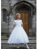 Beaded Short Sleeves White Lace Tulle Tea Length Flower Girl Dress